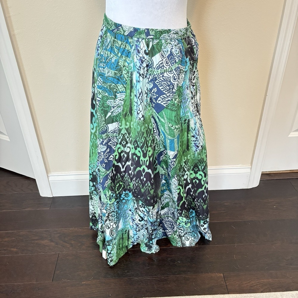 Choices XL Maxi Skirt Navy /Green Floral Elastic Waist 100% Cotton